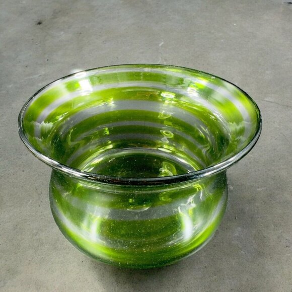 Blenko Art Glass Bowl Planter Flower Pot Hand Blown Green Clear Lines Round Vtg - Picture 3 of 16